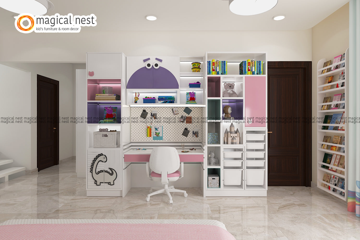 A spacious, bright children's room featuring Magical Nest's multifunctional study unit with white and pastel pink shelves, integrated desk, and playful dinosaur-themed drawer, adjacent to a book-filled white shelving unit.