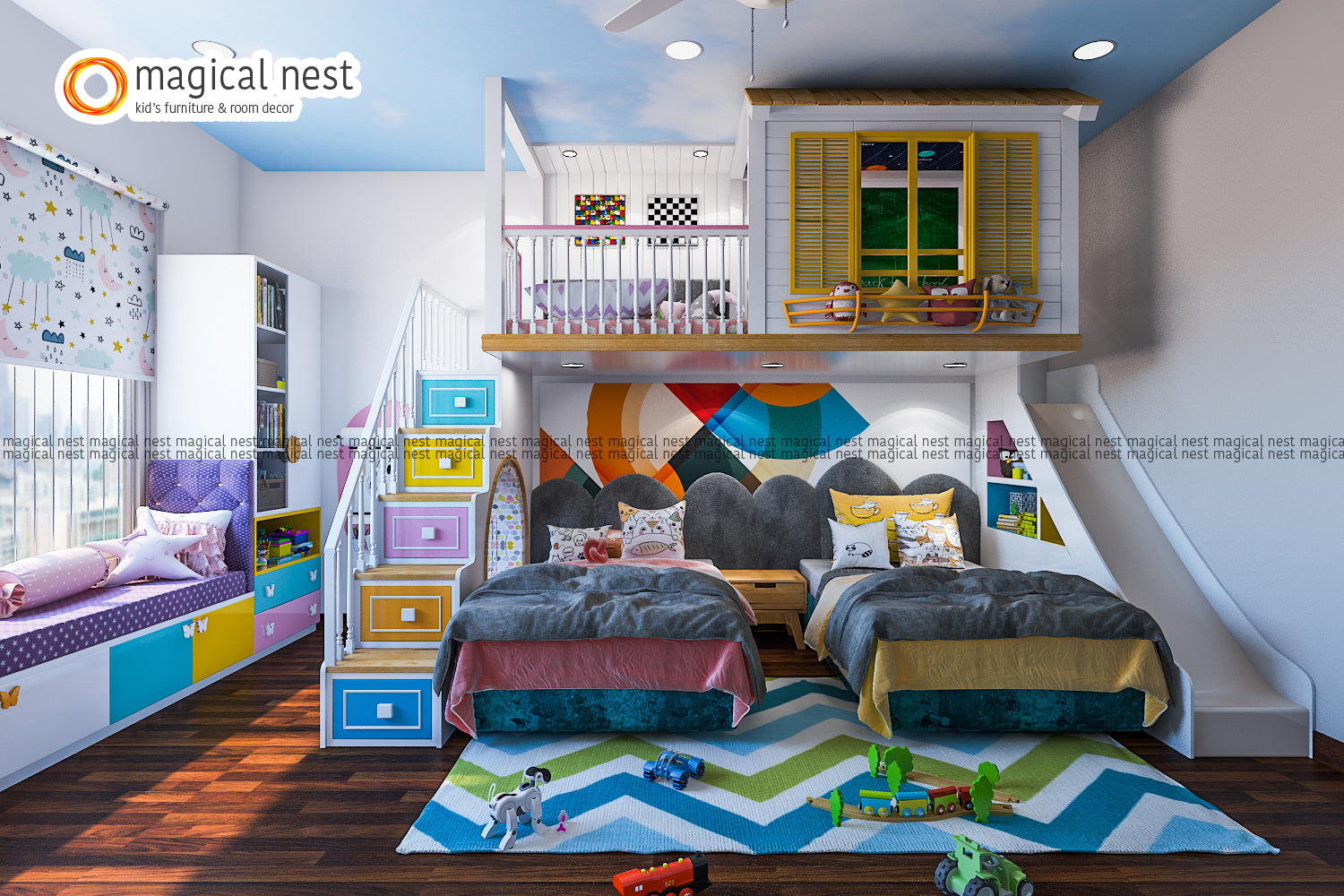 Kid’s room for the twins with independent bed, slide, and stairs by the loft area, bookshelf, and a bench by the window.