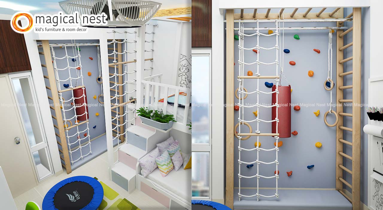 A dynamic kids' play area with rope ladders, a climbing wall, gymnastic rings, and a trampoline, designed by Magical Nest for active play.
