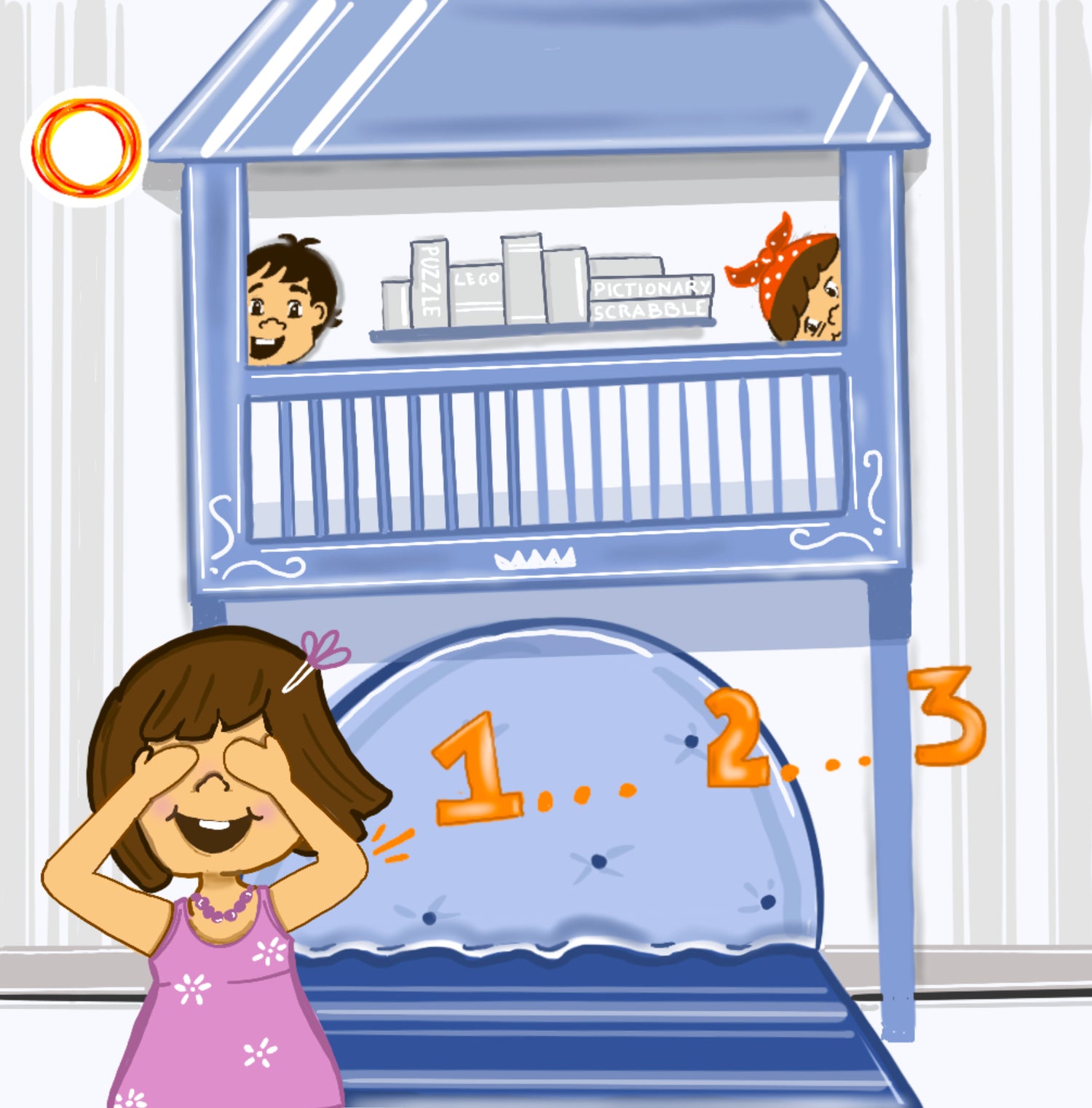 Kids playing Hide&Seek in the artily crafted room with hide-out spaces.