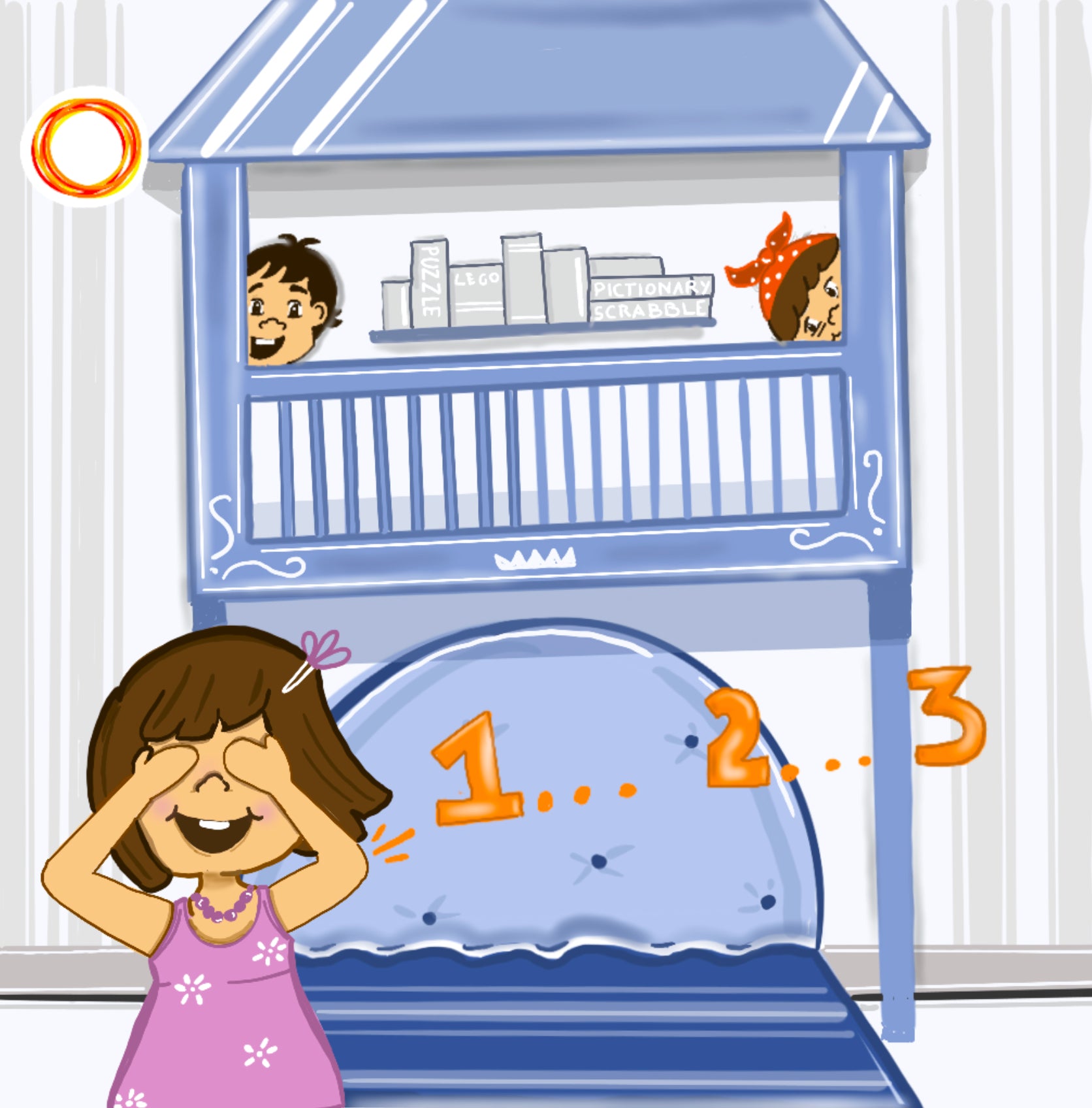 Kids playing Hide&Seek in the artily crafted room with hide-out spaces.