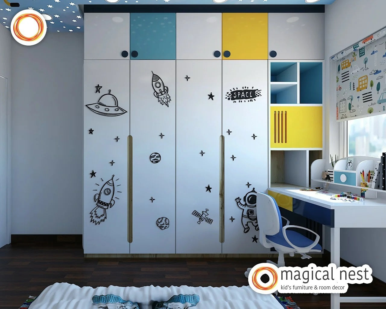 Yellow-Blue themed solid study table for kids by the window with storage space.