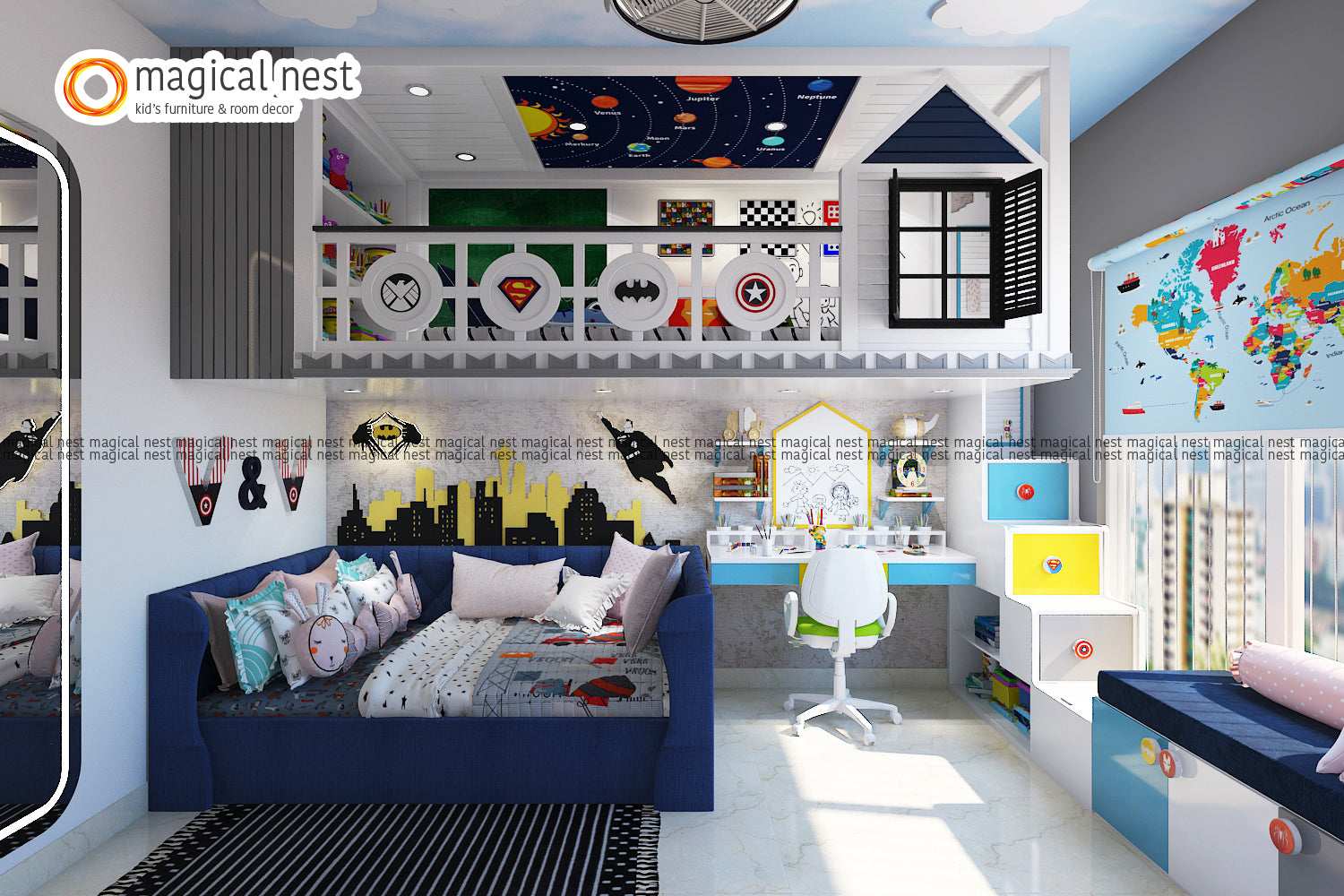 Superhero themed kids' room. It has stairs cum draws for storage and to climb up to the loft play area designed with the logos of heroes. A study table and a comfortable bed alongside a bedroom bench by the window.