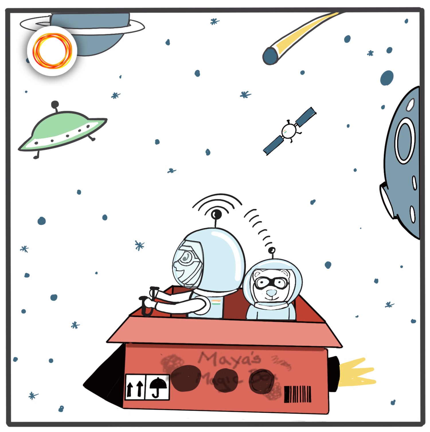 Little girl and her teddy bear playing inside a cardboard box turned into a spaceship.