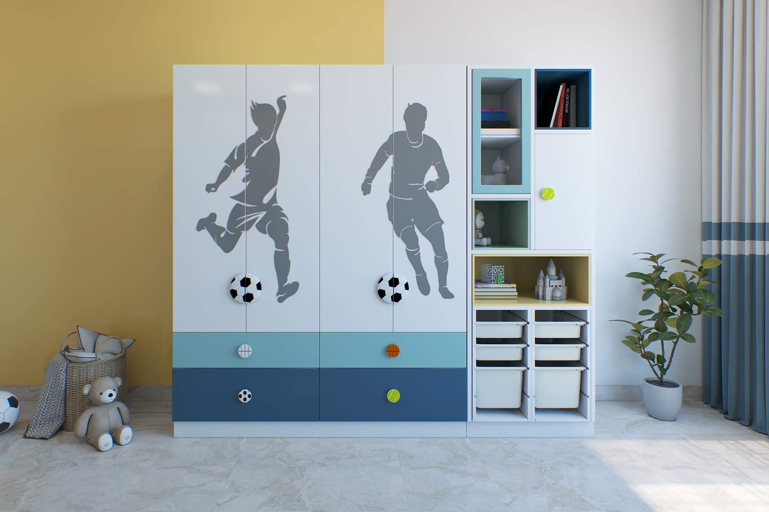 A children's room with a soccer-themed wardrobe, featuring silhouette decals of players, soccer ball knobs, and color accents; adjacent is a white shelving unit with books and toys, next to a potted plant.