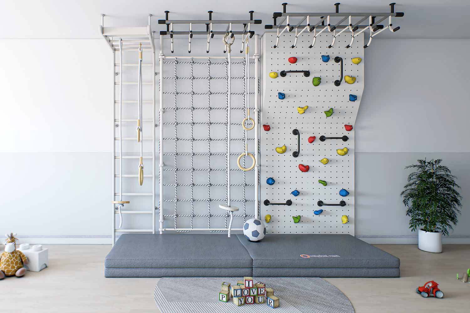 Child's indoor playground with a climbing rope, wall bars, gymnastic rings, colorful rock climbing holds, and a soft landing mat for safety.