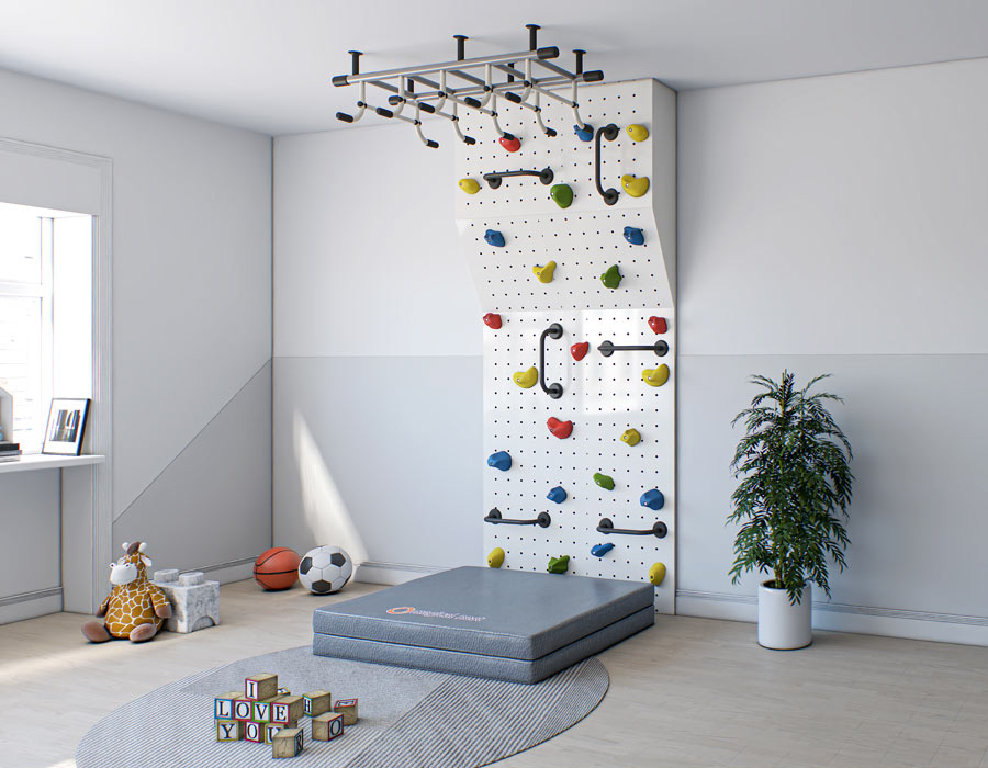 Children's room with a climbing wall featuring colorful handholds and a safety mat on the floor, next to a window with a view, toys, and a potted plant.