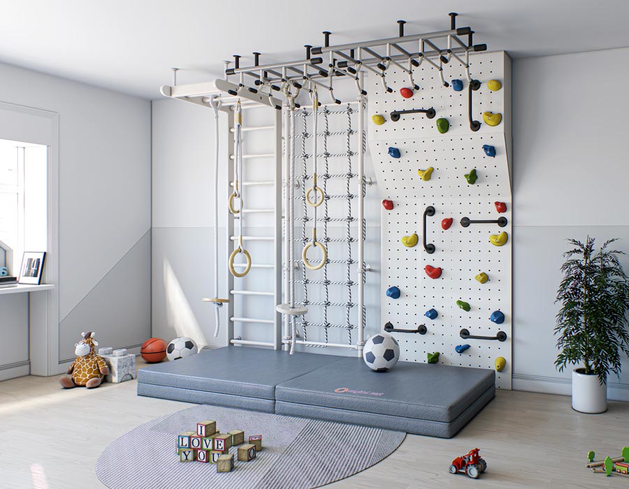 Modern children's playroom corner with a climbing wall and gymnastic rings over a foam safety mat, next to a window with a view of the city skyline, accented by playful decor and greenery.