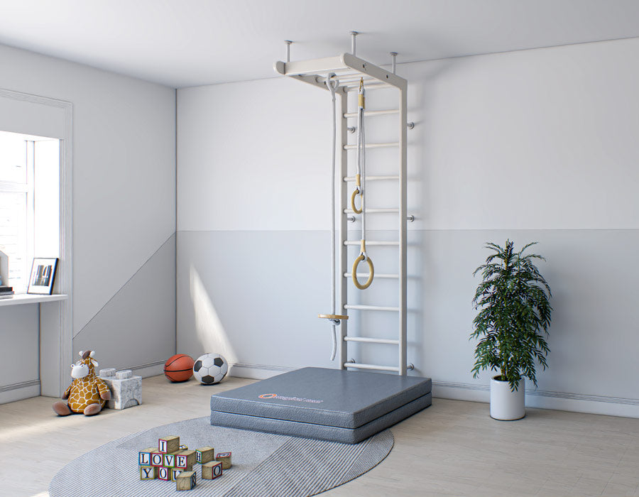 Modern child's playroom corner with indoor gym set including wall bars, rings, and a climbing rope, next to a comfortable floor mat and decorative sports balls.