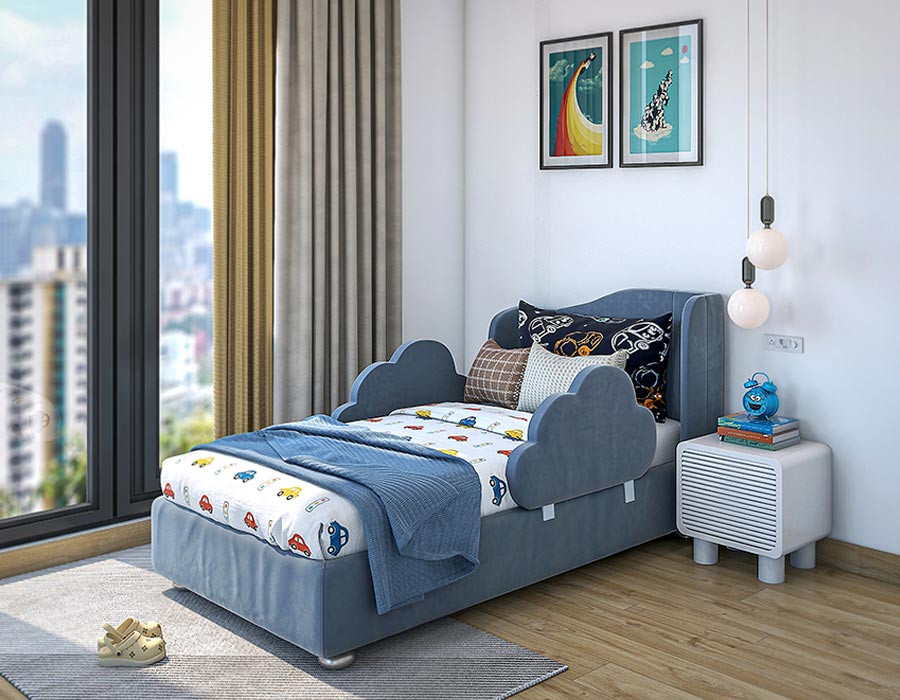 Modern child's bedroom featuring a blue bed with cloud-shaped side rails, colorful car-themed bedding, and an array of cozy pillows. The room is bright with a large window offering a city view, complemented by light curtains and hardwood flooring. A white bedside table with books and a blue alarm clock sits under contemporary pendant lights, adding charm to this playful and inviting space.