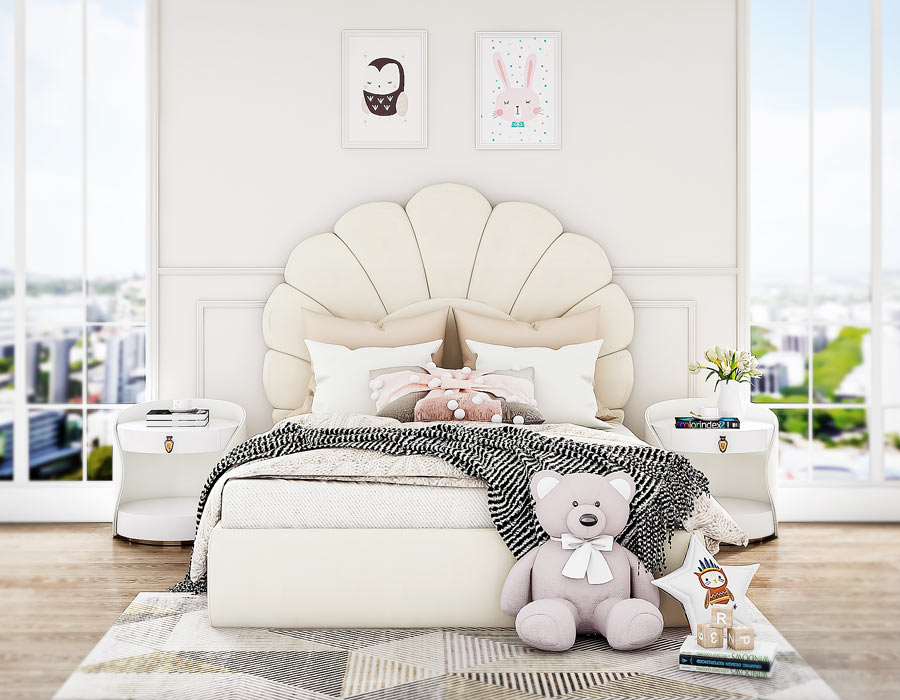 Front view of a cozy girl's bedroom featuring a stylish Off-white bed with a unique scalloped headboard, adorned with plush pillows and a soft throw. The room is bright and airy with large windows, minimalist white walls, and a white bedside table holding a vase with fresh flowers. A cute teddy bear sits on the floor next to playful blocks and a fuzzy storage bin, creating a charming and inviting space for a child.
