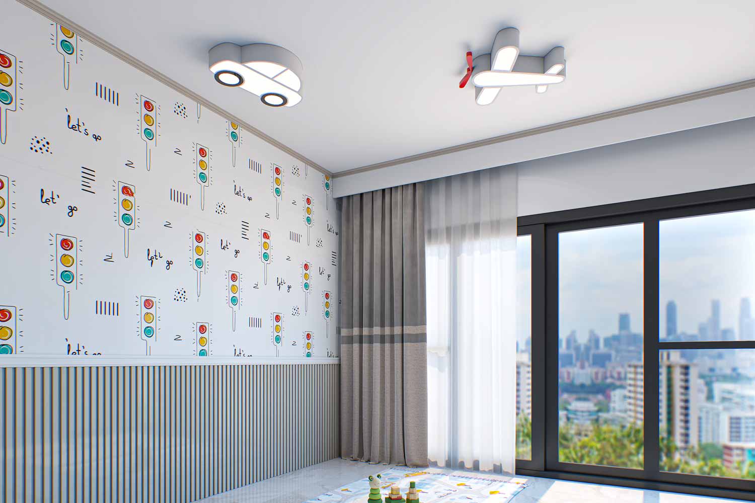 Child's room with car and airplane-themed lighting fixtures on a ceiling adorned with a traffic light road motif design by Magical Nest.