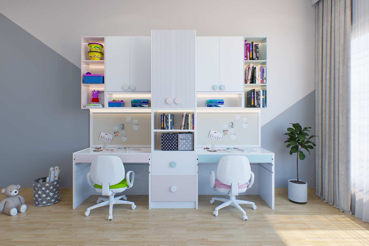Spacious children's study room with a bright window, two white and green desks with shelves, a plush toy, and a potted plant for a serene learning environment.