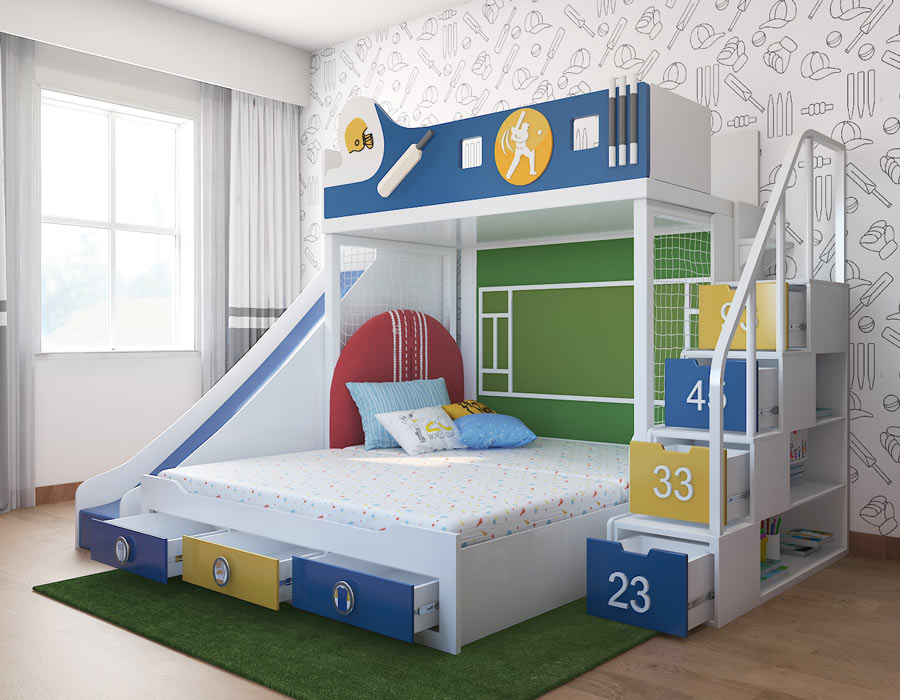 Kids' cricket-themed bunk bed with a slide and storage staircase in a lively bedroom. Includes a cozy lower bed, vibrant cricket-inspired details, pull-out drawers, and built-in shelving for a fun and organized space.