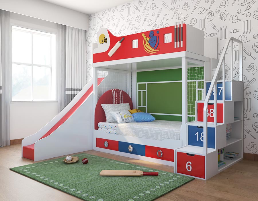 Cricket-themed kids' bunk bed with a vibrant red, white, and blue design, featuring a slide, staircase storage drawers numbered 6, 18, 38, and 7, and a netted play area. The bed is styled with a cricket bat and ball motif, set in a bright room with cricket-patterned wallpaper and playful decor.