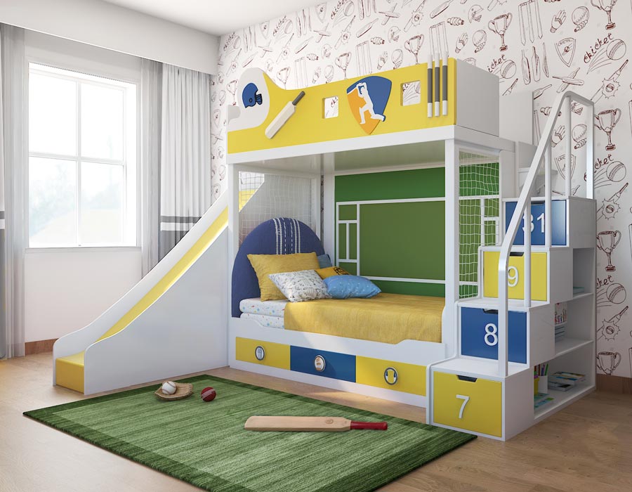 Cricket-themed bunk bed for kids in a vibrant yellow, green, and blue color scheme. Features include a slide, staircase drawers, netted play area, and cricket-inspired decorations. The room is designed with sports-themed wallpaper, a green rug, and cricket accessories for an engaging and playful space.