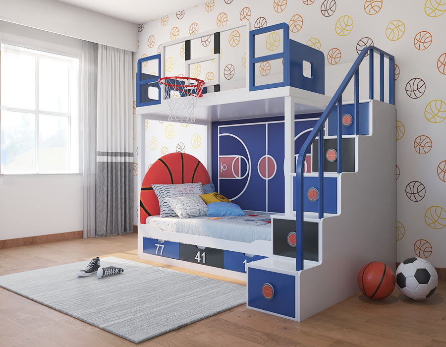 Jordron basketball themed bunk bed for kids in Mavs blue and white with mounted hoop, backboard, and basketball-court bedroom setting