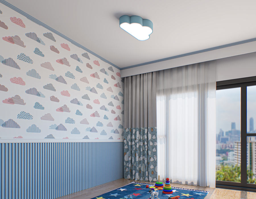 Child's bedroom with cloud-patterned wallpaper in soft pastel colors, complemented by striped wainscoting and a half cloud-shaped ceiling light.