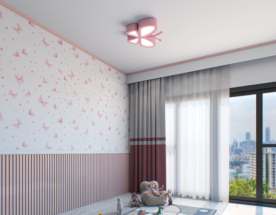 A child's room with a butterfly-themed FlutterGlow ceiling light, pink butterfly wallpaper, and modern striped wainscoting by a sunny window.
