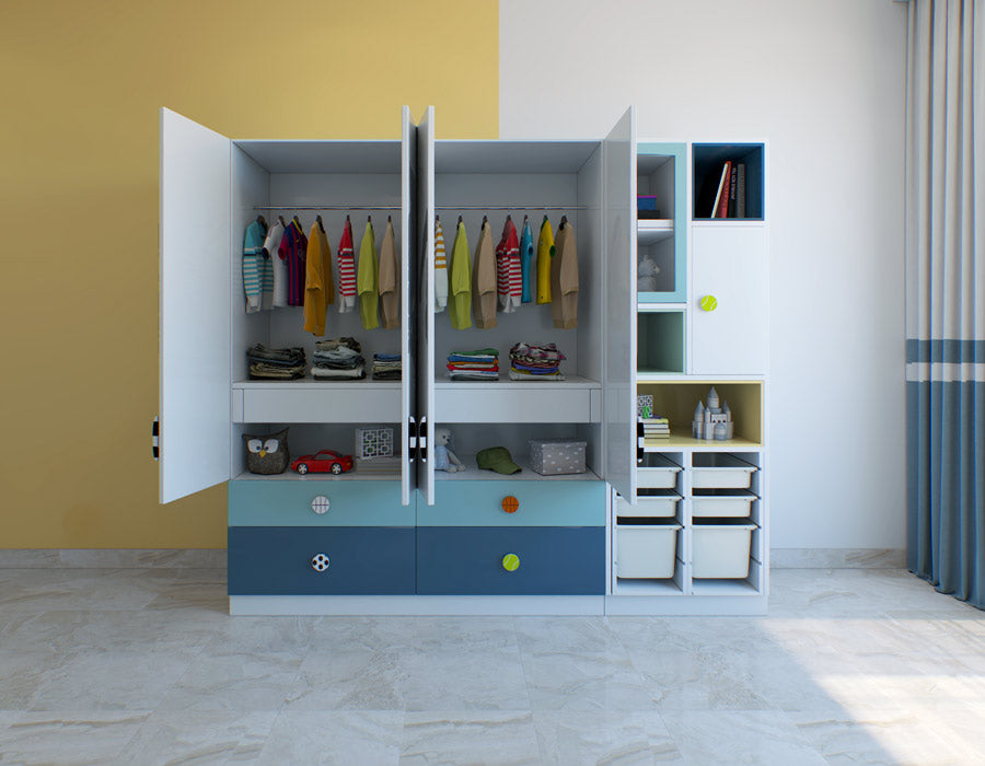 An open wardrobe in a children's room with neatly organized clothes hanging and folded, drawers with toys and storage bins, beside a white shelving unit with books and decorative items, against a pastel background.