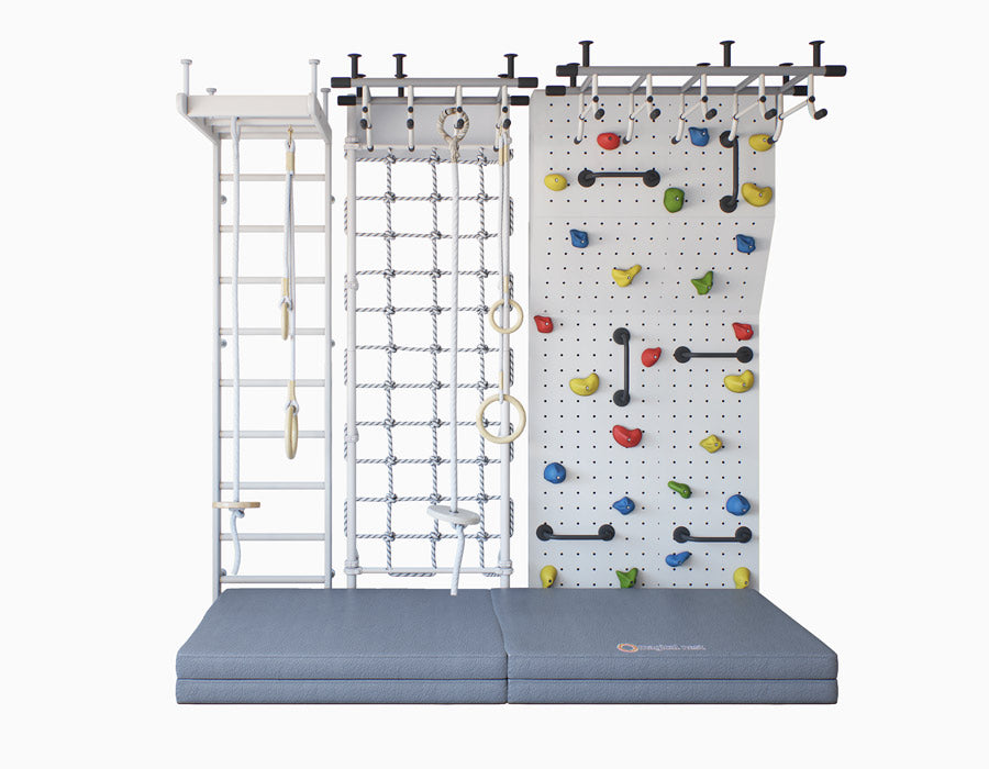 Indoor kids' climbing setup featuring a white wall-mounted ladder, rope web, gymnastic rings, and a colorful rock climbing panel above a thick gray safety mat for active play and exercise.