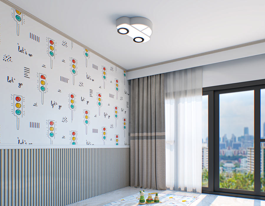 Modern children's room with traffic signal wallpaper, soft grey curtains, and a playful airplane ceiling light, with a view of the city skyline.