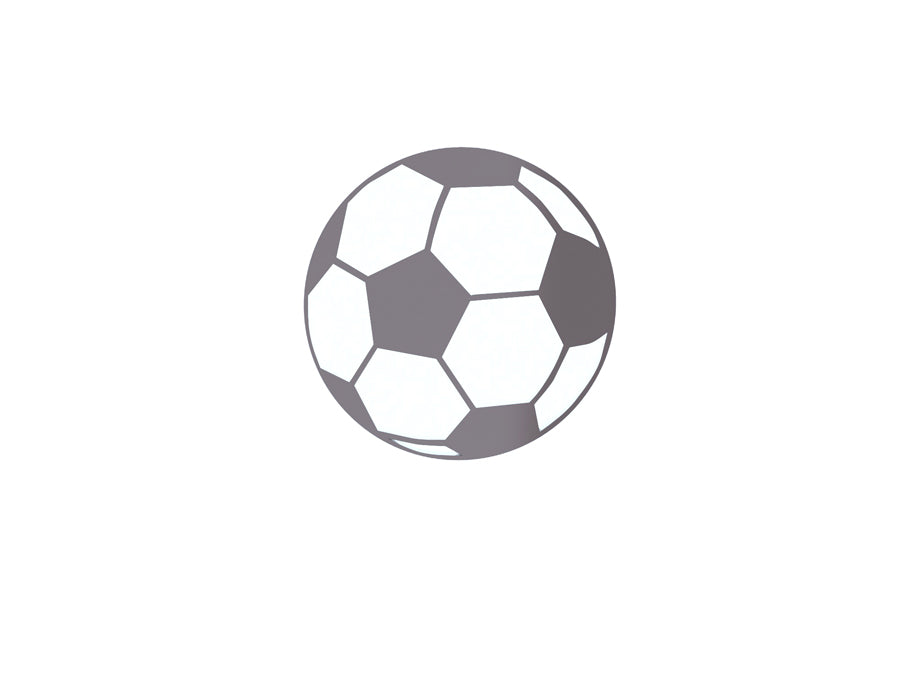 Bottom view of a minimalistic football-shaped ceiling light fixture in a children's room with a soft, white and grey color scheme.