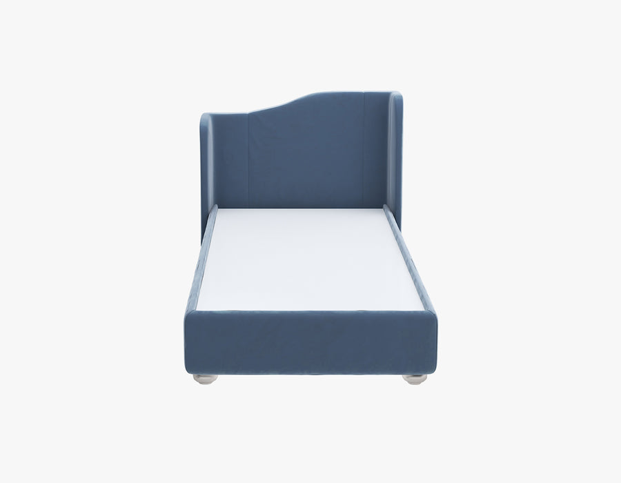 Front view of Stylish blue children's bed featuring a high backrest, providing a playful and secure sleeping environment. The bed is upholstered in a soft blue fabric, offering a comfortable and charming addition to a child's bedroom.