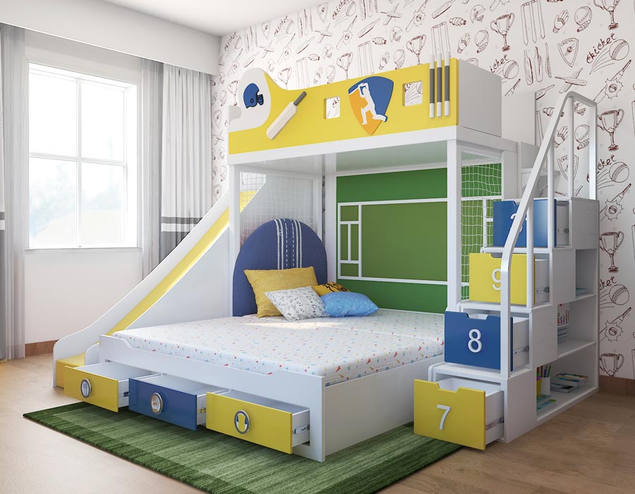Cricket-themed bunk bed for kids in a bright yellow, green, and blue color scheme with pull-out storage drawers under the bed. Includes a slide, staircase drawers, a netted play area, and cricket-inspired decorations. The room features sports-themed wallpaper, a green rug, and colorful bedding for an interactive and playful environment.