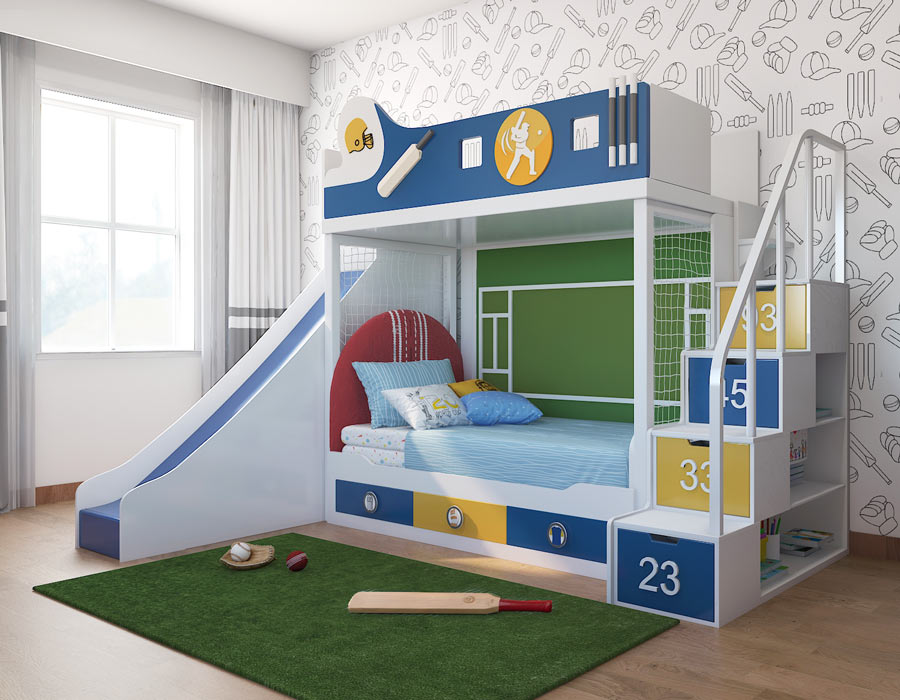 Cricket-themed kids' bunk bed with a slide and staircase storage in a vibrant room. Features include a pull-out trundle bed with drawers, cricket-inspired design elements, and built-in shelves, perfect for a playful and organized space.
