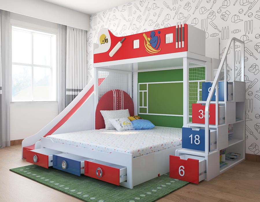 Cricket-themed kids' bunk bed with a red, white, and blue design, featuring a slide, pull-out storage drawers at the bottom, and staircase drawers numbered 6, 18, and 38. The bed is decorated with cricket-inspired motifs, including a bat and ball, set in a bright room with cricket-patterned wallpaper and a netted play area.