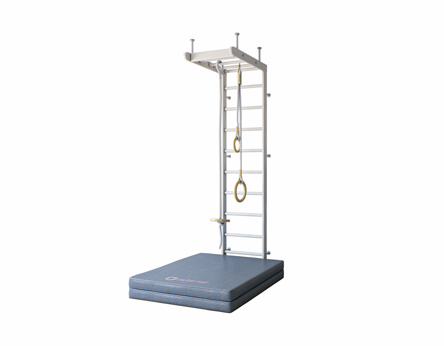 Side view of children's indoor white wall-mounted gym set with ladder, rings, and climbing rope, complemented by a thick blue gym mat for safety.