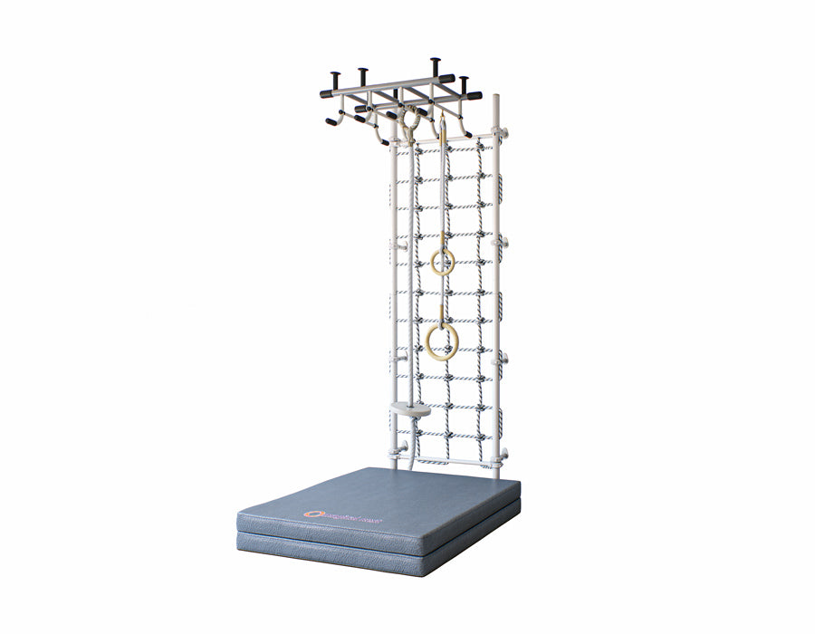 Side view of Indoor children's gymnastics set with white ropes, rings, and ladder against a white background, accompanied by a grey safety mat with branding on the corner.