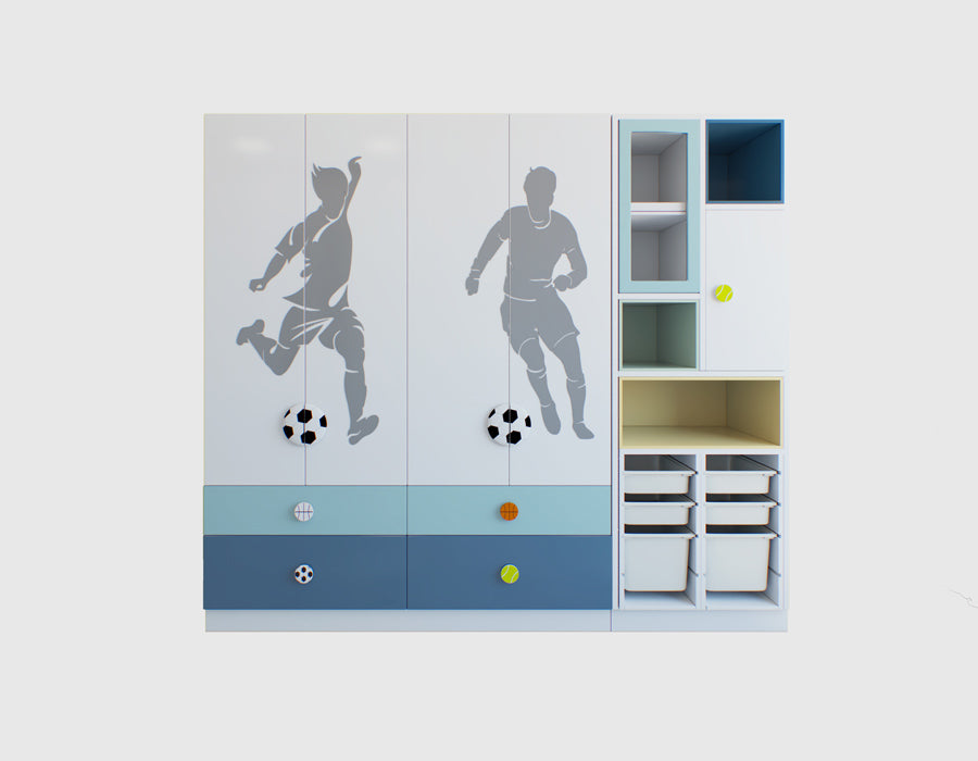 A modern wardrobe with soccer player silhouettes and ball-shaped knobs on its doors, displayed against a white background, partially showing an adjacent shelving unit with empty compartments and drawers.
