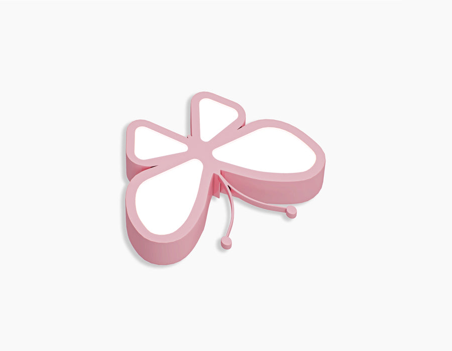 A FlutterGlow ceiling light in the shape of a pink butterfly, ideal for adding a whimsical touch to a child's room decor.