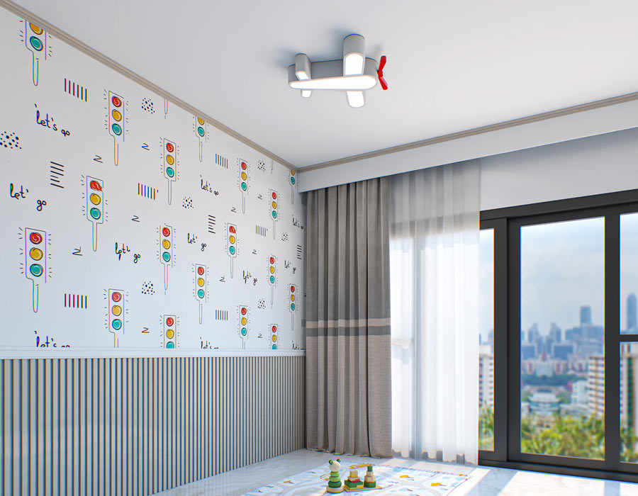 Bright and airy child's room with traffic signal-themed wallpaper, modern airplane ceiling light, and grey striped drapes, offering a playful yet calm space with a view of the cityscape.