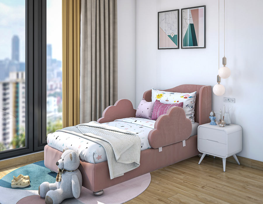 Modern child's bedroom featuring a pink bed with cloud-shaped side rails, colorful car-themed bedding, and an array of cozy pillows. The room is bright with a large window offering a city view, complemented by light curtains and hardwood flooring. A white bedside table with books and a blue alarm clock sits under contemporary pendant lights, adding charm to this playful and inviting space.