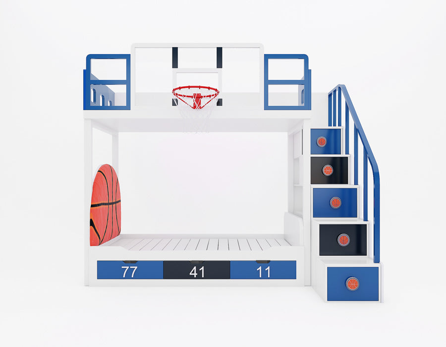 Front view of Jordron basketball bunk bed showing mounted hoop, backboard, jersey-number drawers, and staircase storage