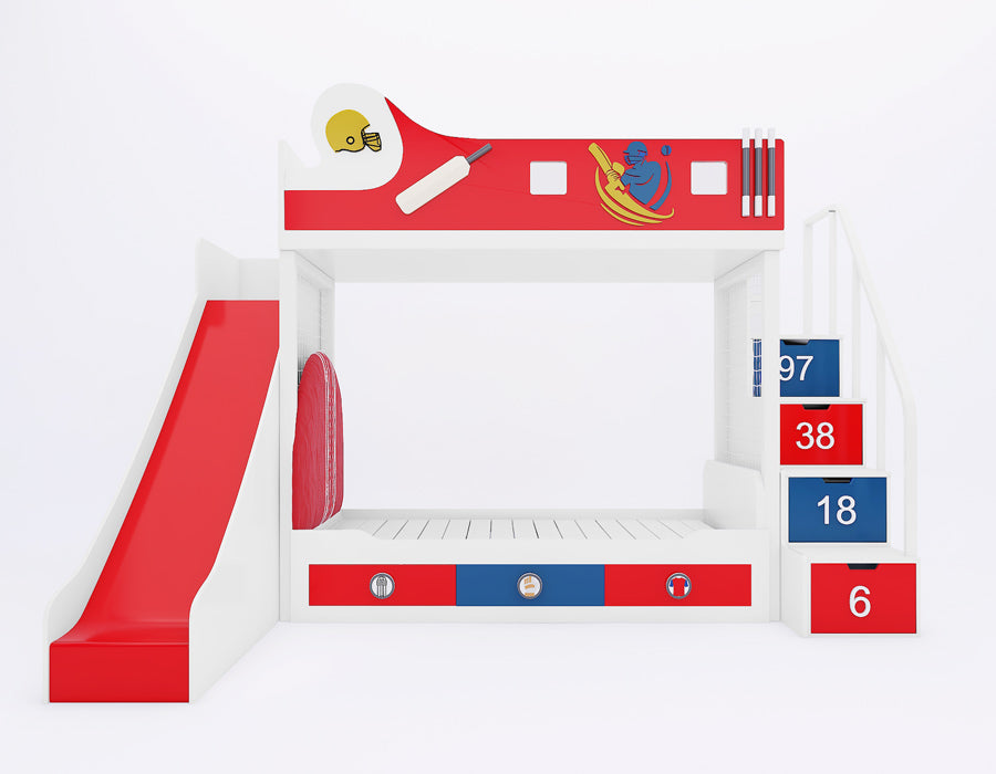 Cricket-themed kids' bunk bed in red, white, and blue featuring a slide on the left, a netted play area, and staircase storage drawers numbered 6, 18, 38, and 97. The top bunk is decorated with cricket-inspired motifs, including a bat, ball, and player graphic. A vibrant and sporty design perfect for cricket-loving children.