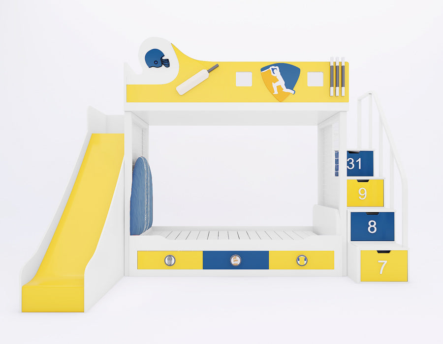 Cricket-themed bunk bed in yellow, white, and blue featuring a slide, numbered staircase drawers, a netted play area, and cricket-inspired decorations like a bat and helmet design. Includes built-in storage drawers below the bed for functionality and playful elements for kids.