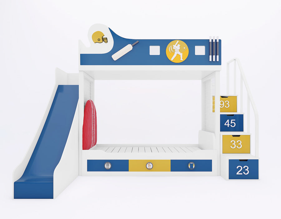 Front view of a cricket-themed bunk bed with a slide and staircase storage. Features blue and yellow accents, a cricket bat and helmet design, pull-out drawers, and a netted play area for kids.