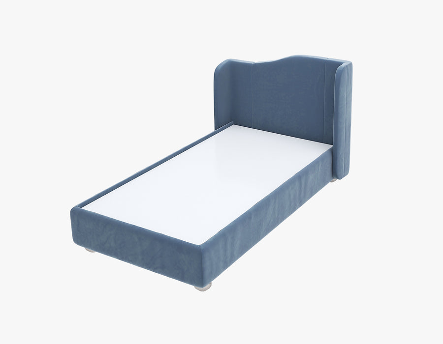 Stylish blue children's bed featuring a high backrest, providing a playful and secure sleeping environment. The bed is upholstered in a soft blue fabric, offering a comfortable and charming addition to a child's bedroom.