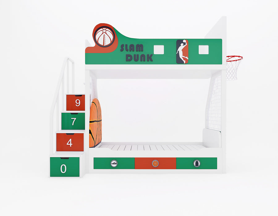 Front view of Slam Dunk basketball bunk bed in Celtics colours showing Slam Dunk banner, White-Brown-Holiday-Tatum jersey number drawers, and side hoop