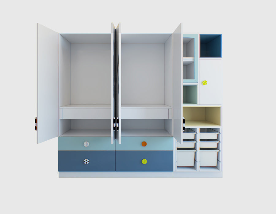 An open modern wardrobe with soccer player silhouettes and ball-shaped knobs on its doors, displayed against a white background, partially showing an adjacent shelving unit with empty compartments and drawers.