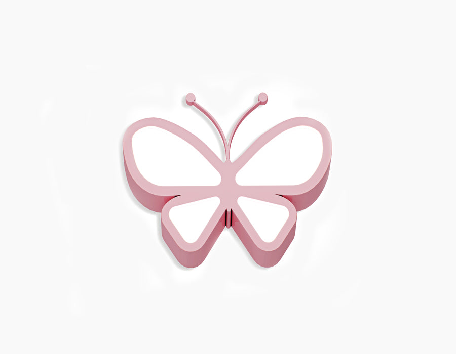 Front view of FlutterGlow ceiling light in the shape of a pink butterfly, ideal for adding a whimsical touch to a child's room decor.