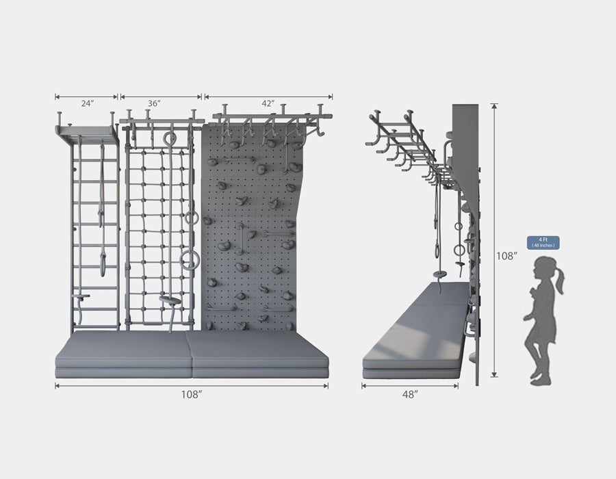 Dimensional view of a children's indoor playset with a white climbing ladder, rope grid, wall climbing stones, and overhead gym rings, accompanied by safety mats and a silhouette for scale.