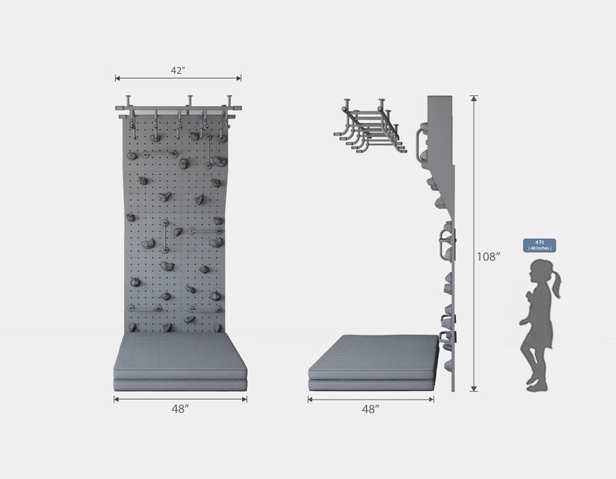 Child's indoor grey climbing wall with varied holds and dimensions labeled, including a safety mat and a height comparison to a 4-foot child.