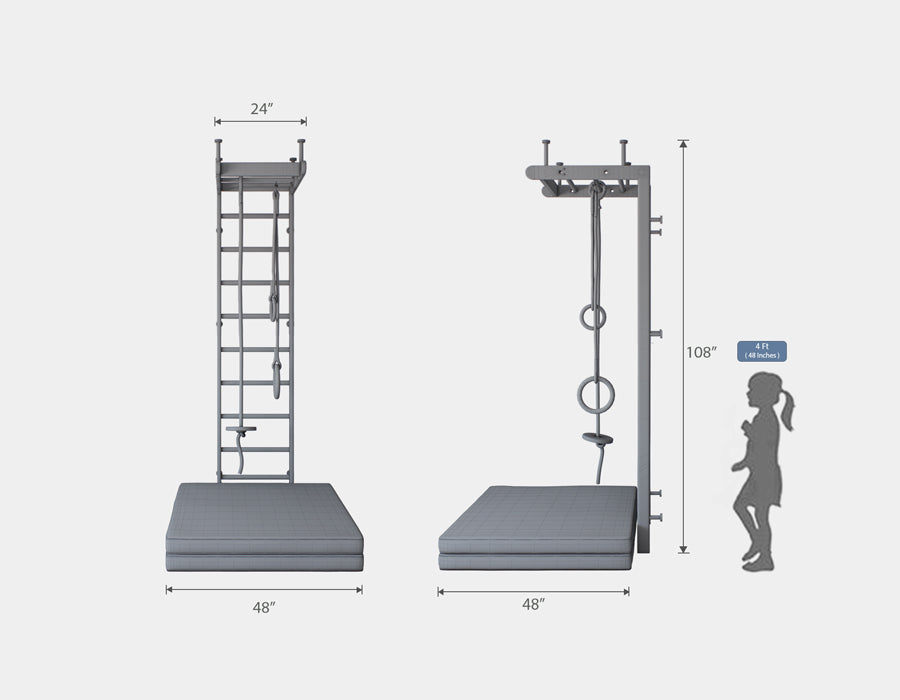 Dimensional illustration of a kids' indoor gym set featuring a 24-inch wide wall-mounted ladder and various gymnastic rings, with a 108-inch height reference and side-by-side safety mats.