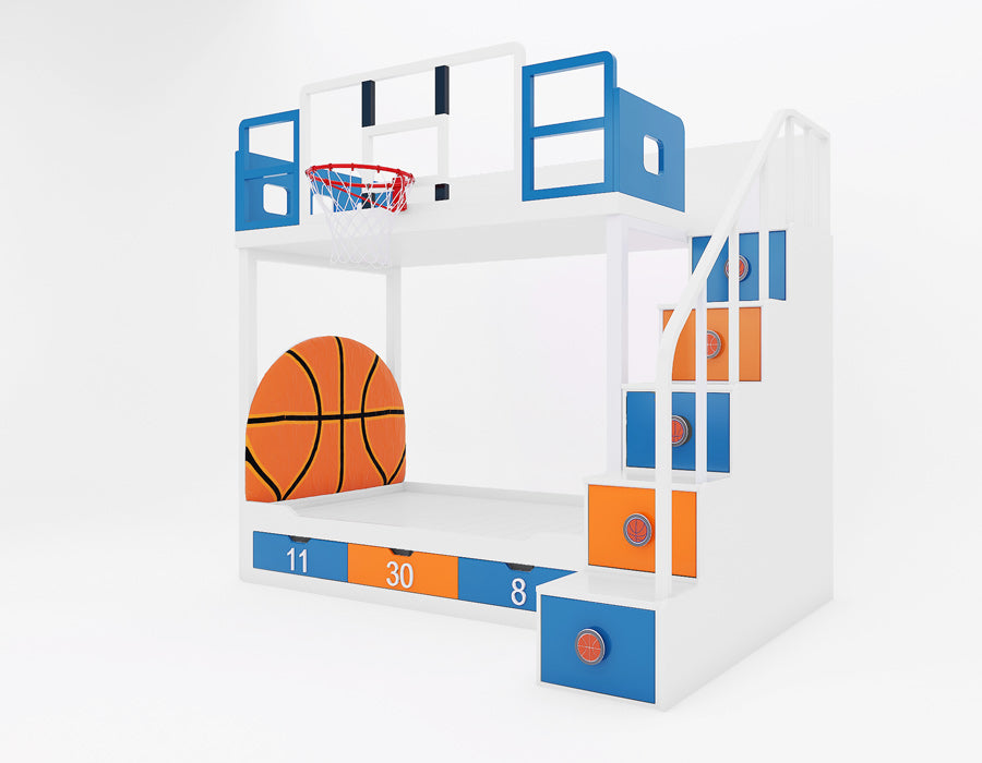 Angled view of Jordron Knicks basketball bunk bed with basketball-shaped headboard and five storage drawer steps in alternating blue and orange