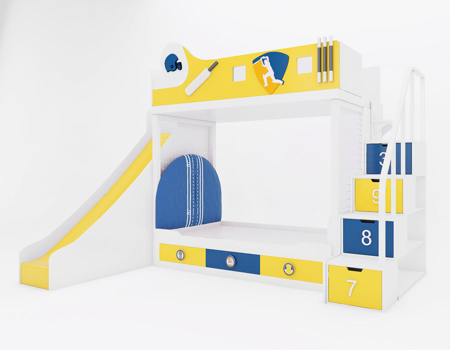 Cricket-inspired bunk bed in yellow, white, and blue featuring a slide, numbered staircase drawers, a cricket field backdrop with a netted play area, and playful cricket-themed decorations such as a bat and helmet design. Includes storage drawers under the lower bed for added functionality.
